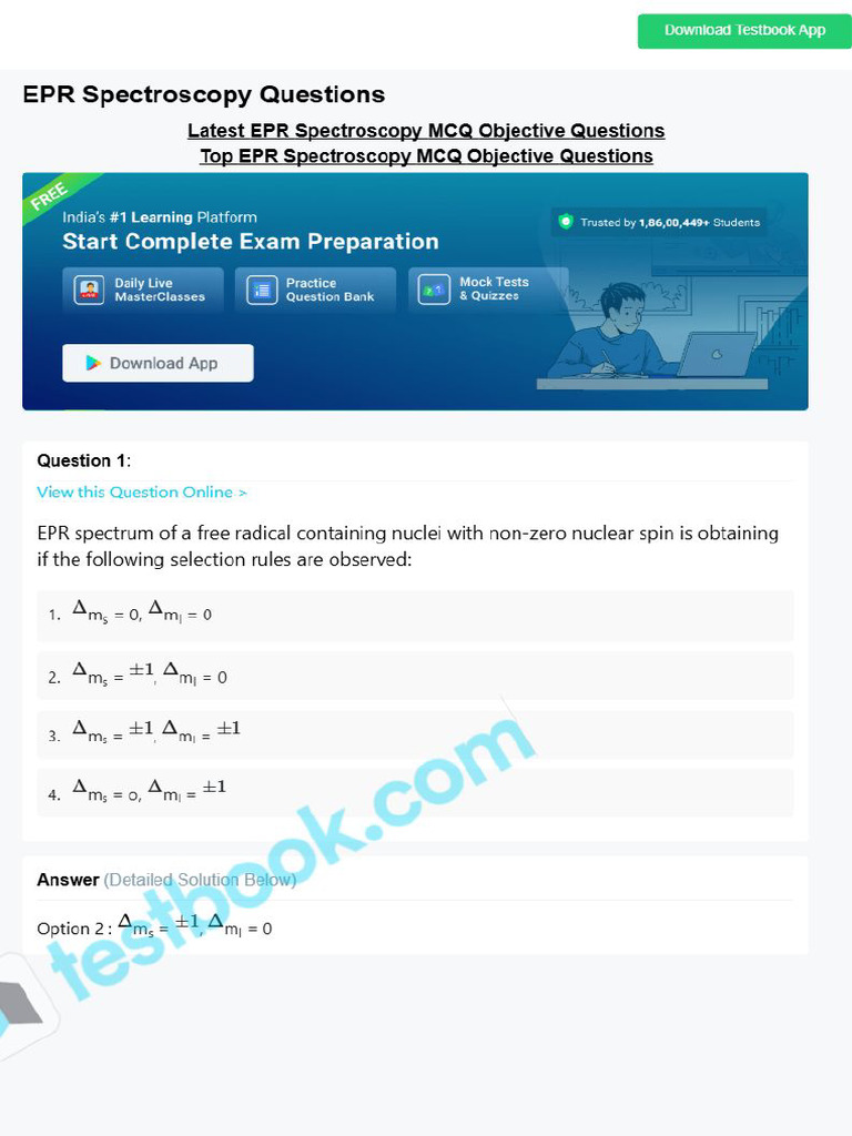 MCQ On Epr Spectroscopy 63f34dbe7c689bd5c3b9337d | PDF