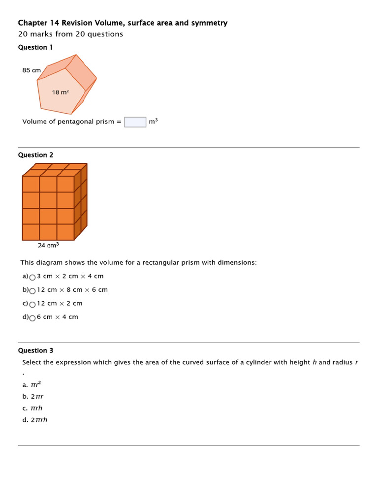 Chapter 14 Revision Volume, Surface Area and Symmetry | PDF | Area ...