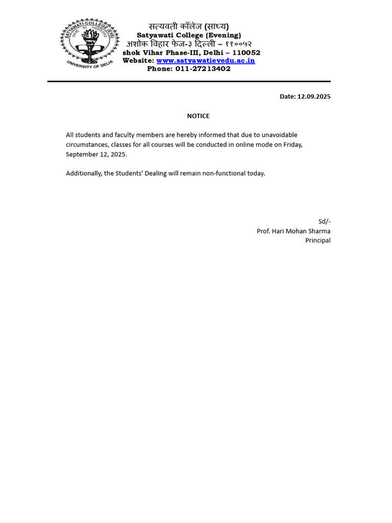 Satyawati College Online Class Notice | PDF