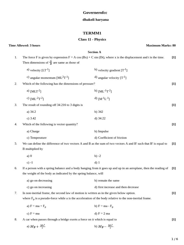 Class 11 Physics Exam Questions | PDF | Force | Physics