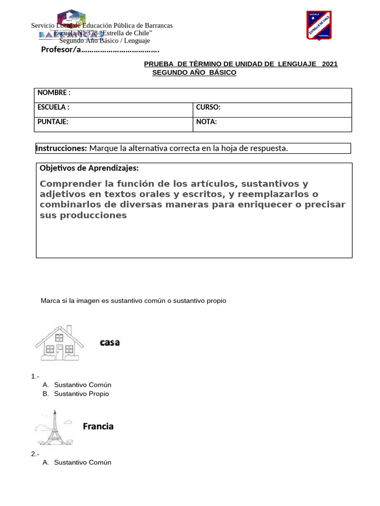 Prueba de Lenguaje 2° Básico 2021 | PDF