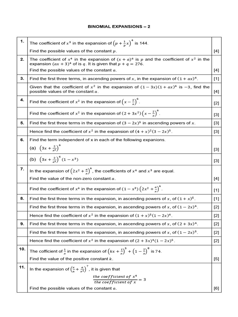 12th-Grade Binomial Expansions Worksheet | PDF | Chess Theory | Chess