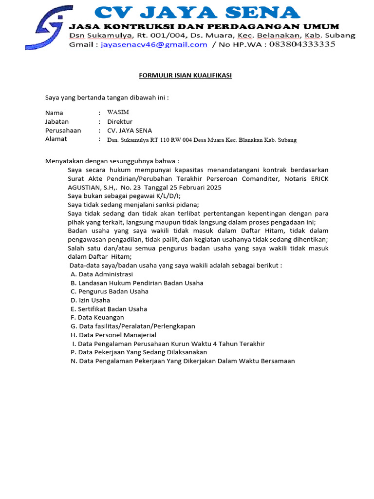 Formulir Kualifikasi CV. Jaya Sena | PDF