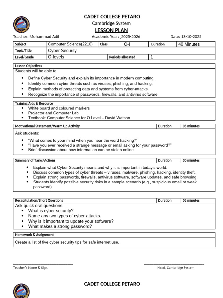 Cyber Security Lesson Plans for O-Levels | PDF | Security | Computer ...