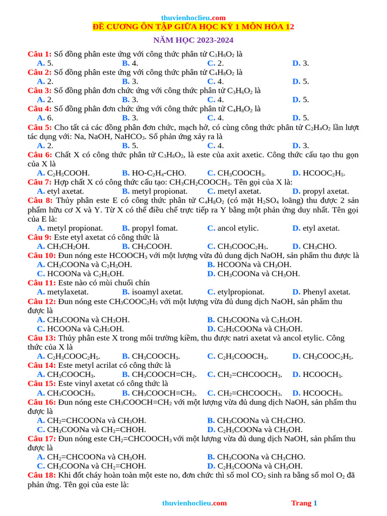 De Cuong On Tap Hoa 12 Giua HK1 | PDF