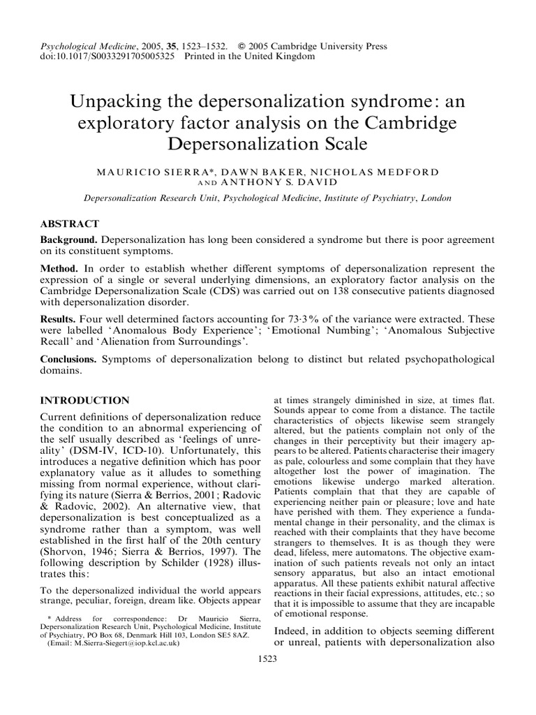 Factor Analysis of Depersonalization Syndrome | PDF | Mental Disorder ...
