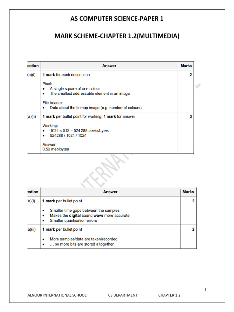 Multimedia Mark Scheme for CS Paper 1 | PDF