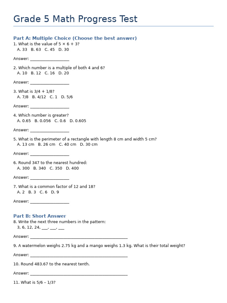 Grade5 Math Progress Test With Answerspace | PDF