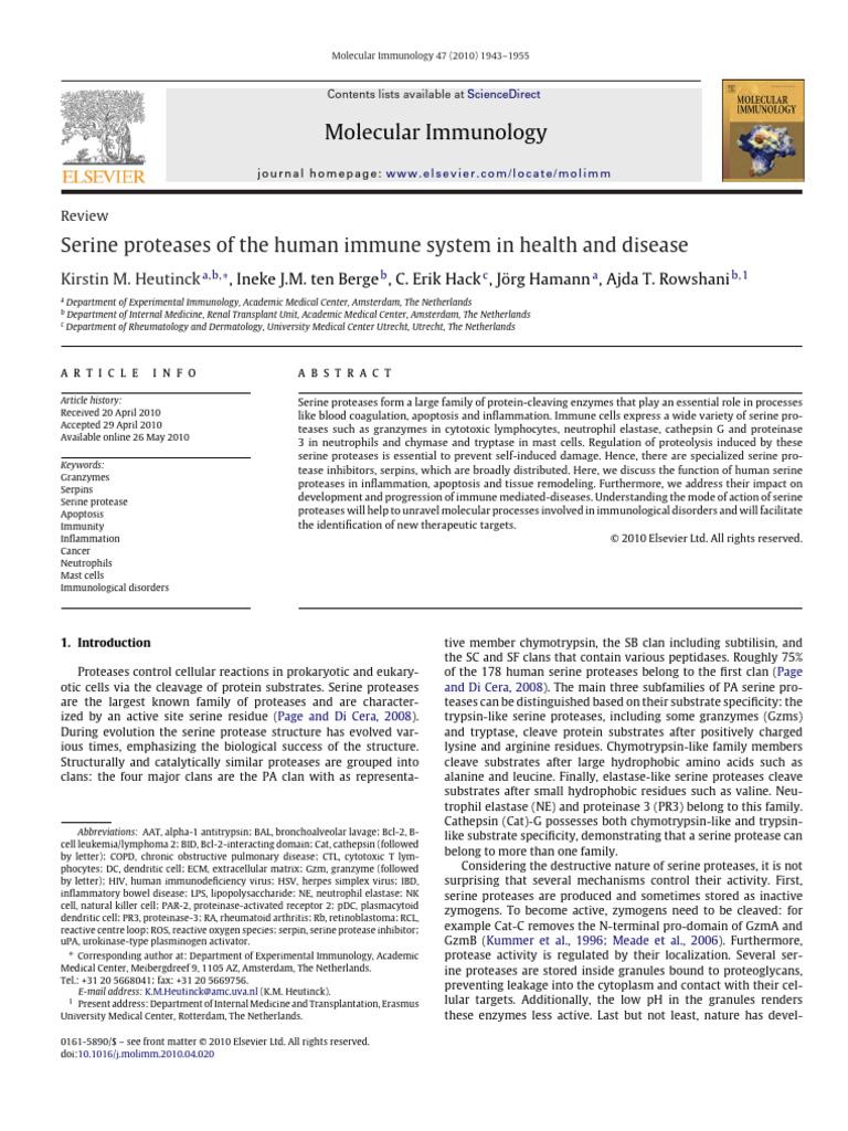 Serine Proteases of The Human Immune System in Health and Disease | PDF ...