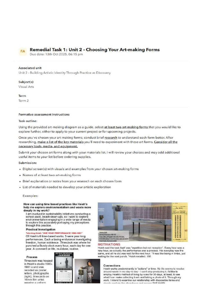 Visual Arts - Unit 2 - Remedial Task 1 | PDF