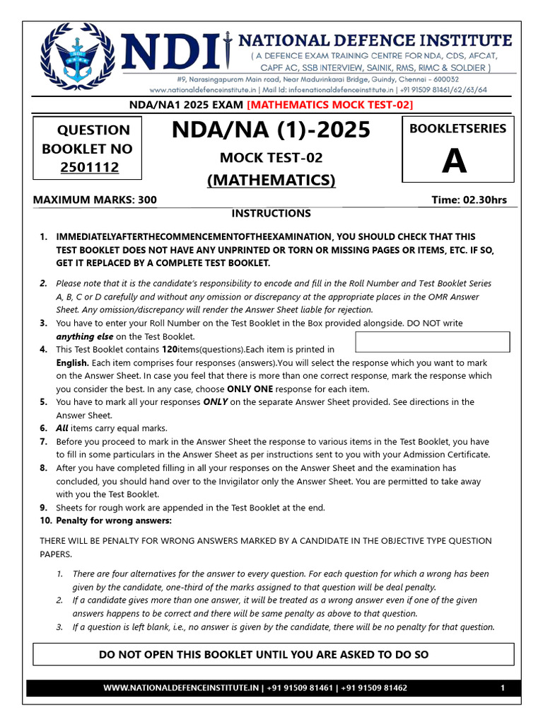 NDA 2025 Mathematics Mock Test 2 | PDF | Complex Number | Quadratic ...