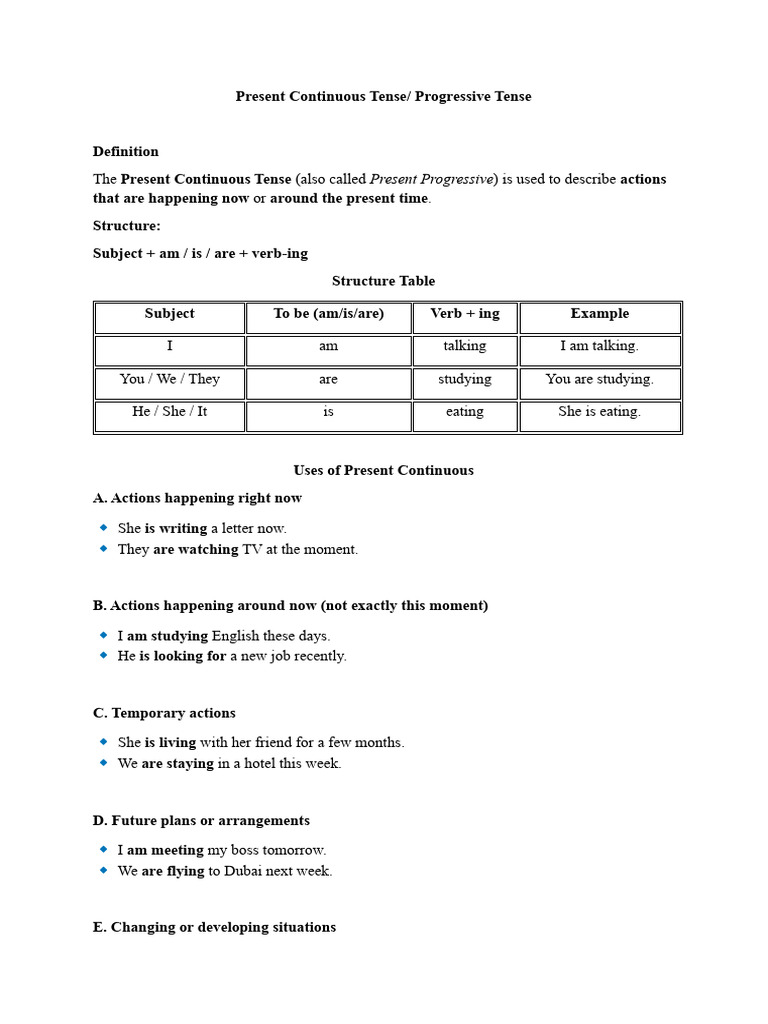 Present Continuous Tense Explained | PDF | Grammatical Tense | English ...