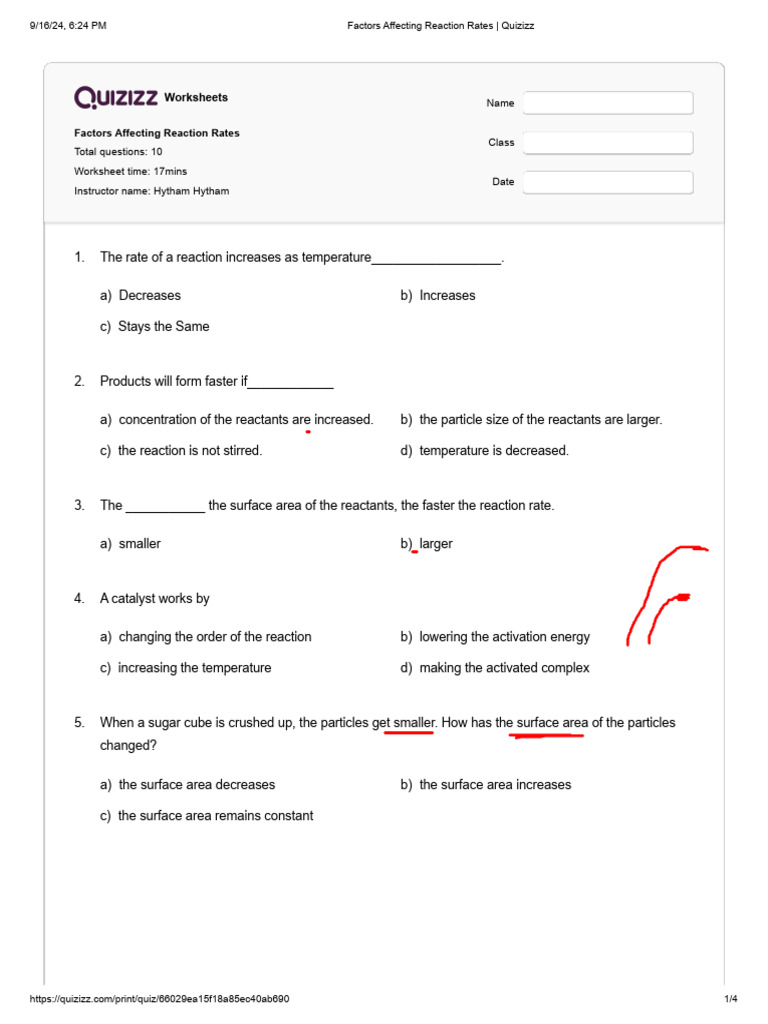 Reaction Rates Factors Worksheet | PDF | Reaction Rate | Chemical Reactions