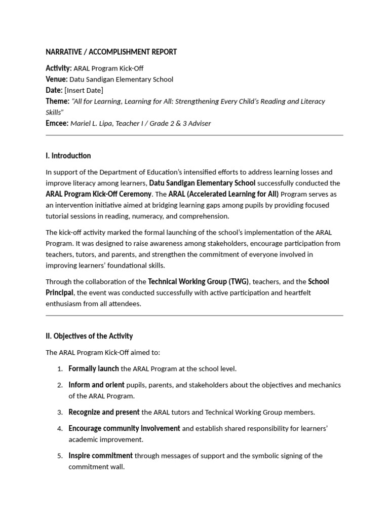 Aral Kick Off NARRATIVE | PDF | Teachers | Literacy