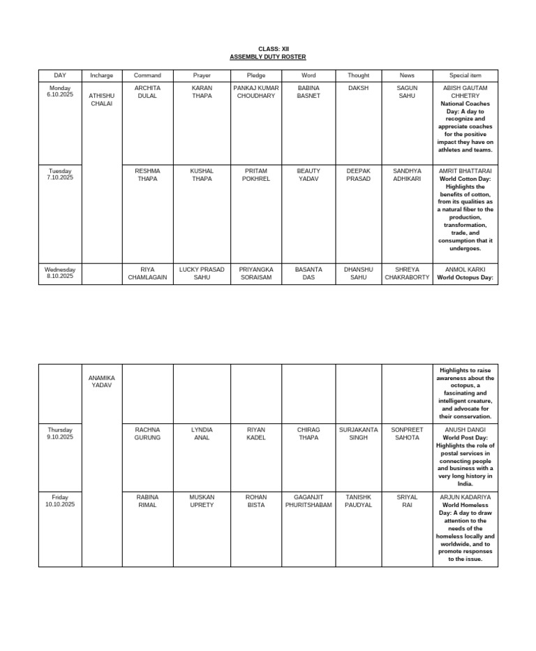 Class XII Assembly Duty Roster 2025 | PDF