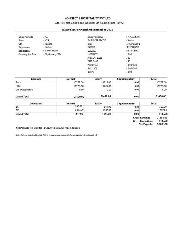 September 2025 Salary Slip - K2H | PDF