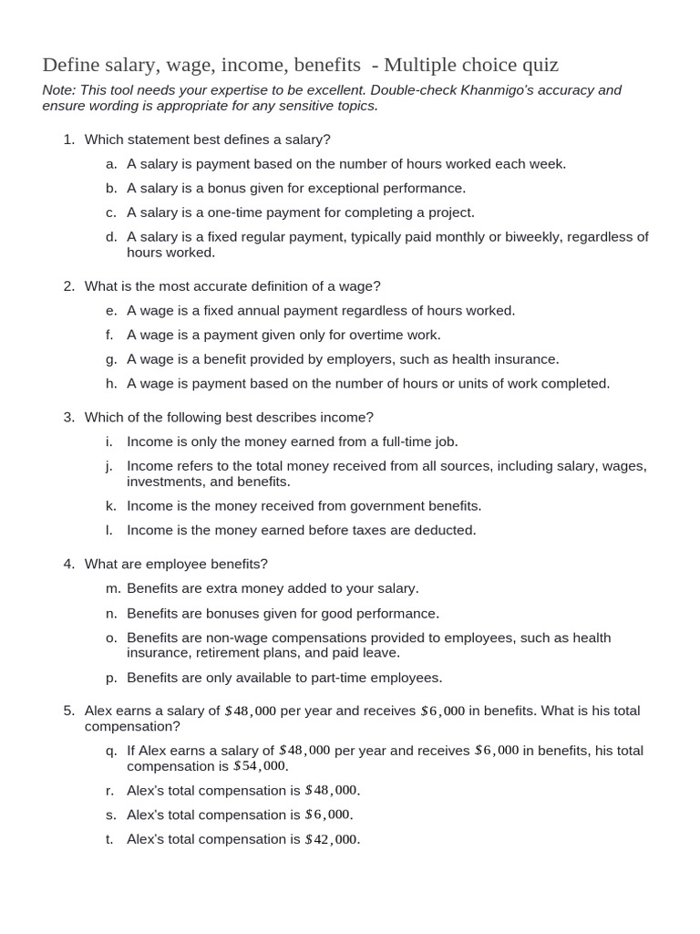 Define Salary, Wage, Income, Benefits - Multiple Choice Quiz | PDF ...