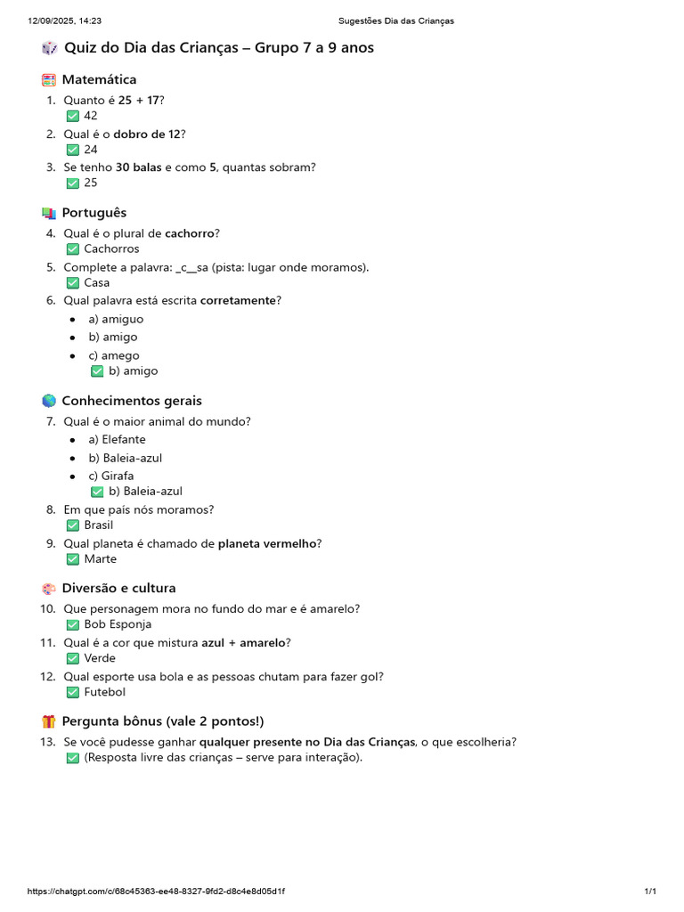 Quiz Interativo para Crianças 7-9 Anos | PDF
