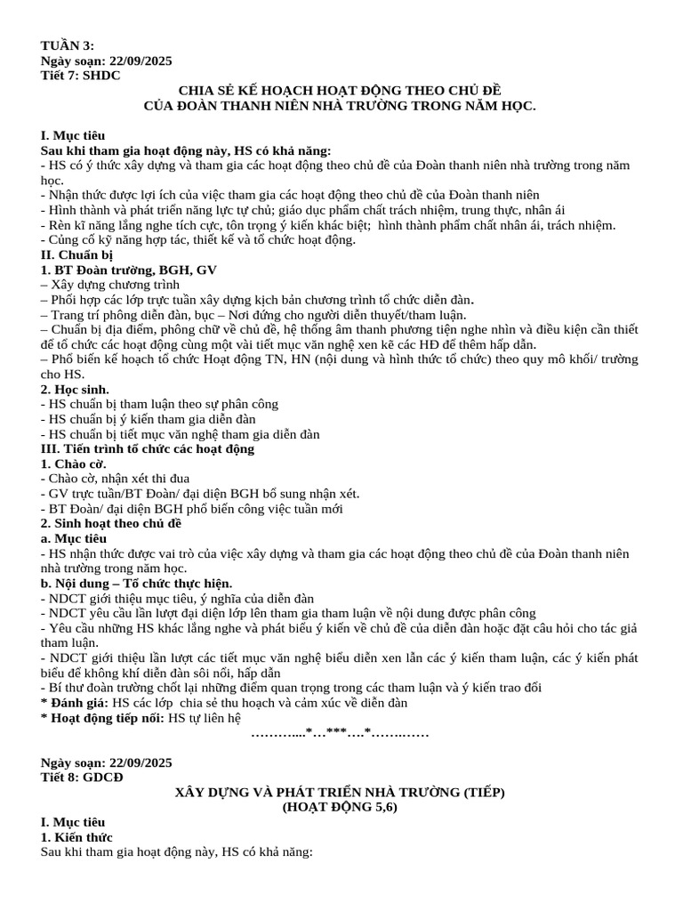 TUẦN 3 - TIẾT PPCT (7,8,9) - HĐTNHN K11 | PDF
