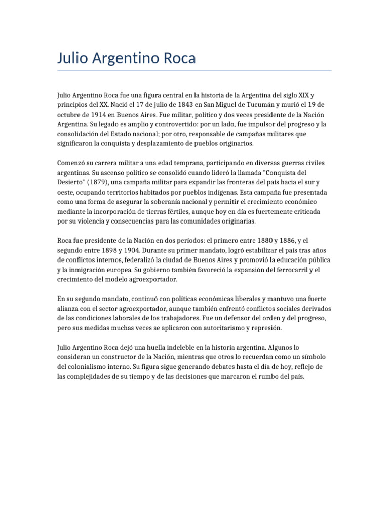 Julio Argentino Roca: Legado y Controversias | PDF