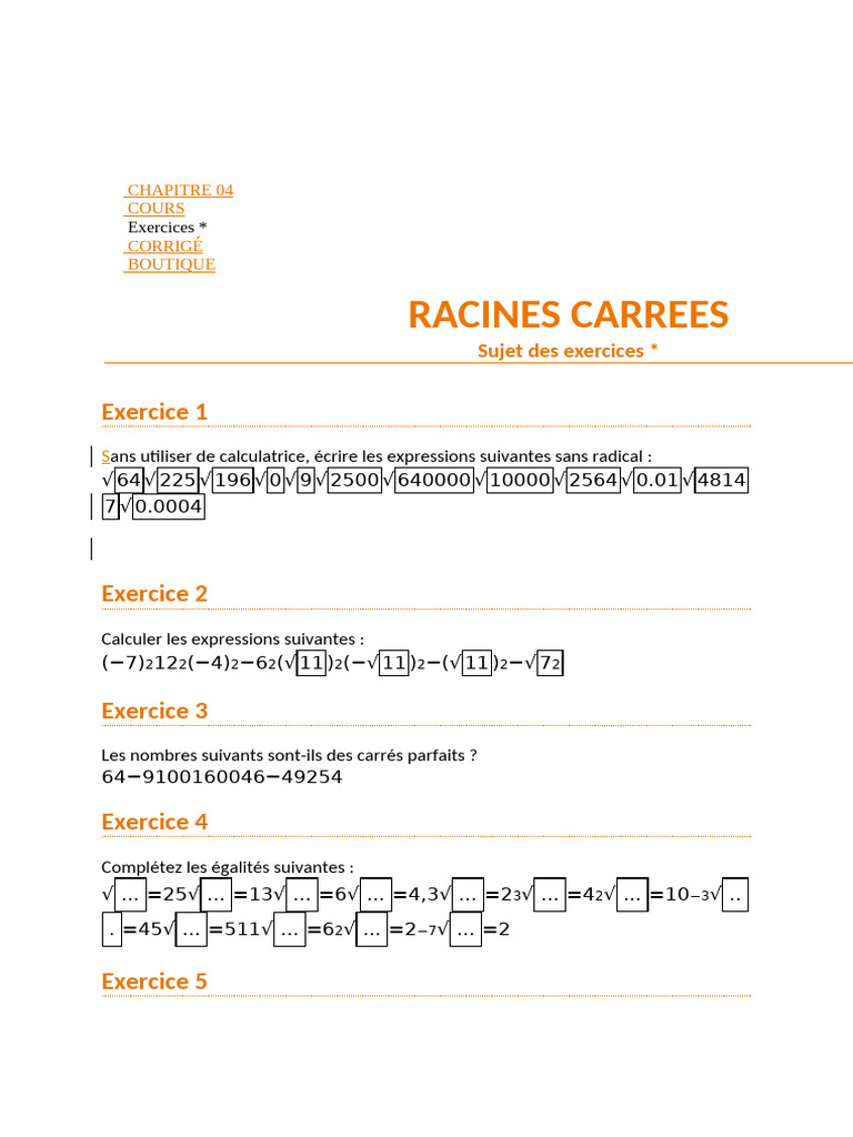 Exercices sur les racines carrées 3ème | PDF