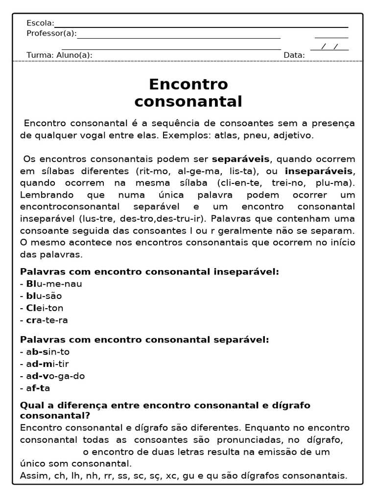 Encontros Consonantais: Tipos e Exemplos | PDF | Famílias linguísticas ...