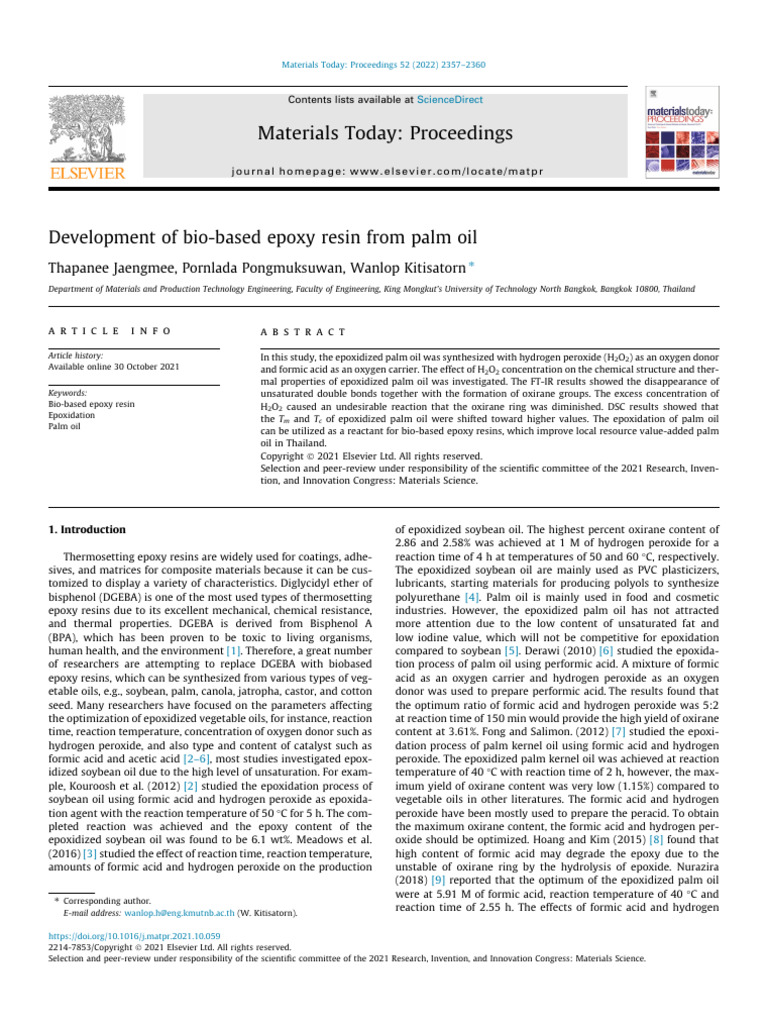 Development of Bio-Based Epoxy Resin From Palm Oil | PDF | Hydrogen ...