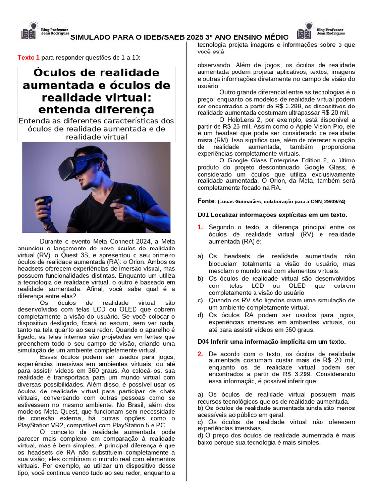 Diferenças entre Óculos de RA e RV | PDF | Realidade aumentada ...