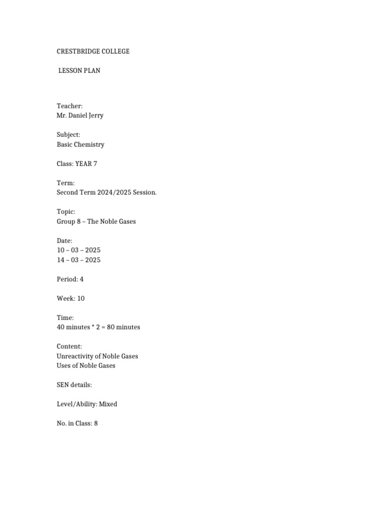 Year 7 Noble Gases Lesson Plan | PDF | Chemical Elements | Transparent ...