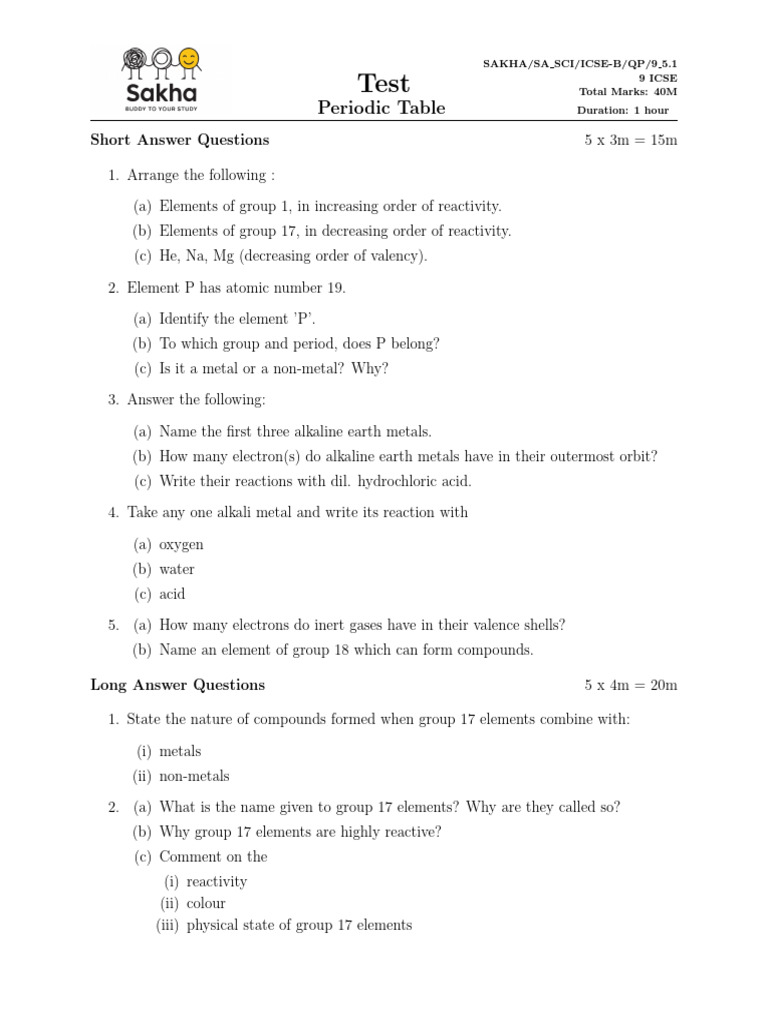 ICSE Class 9 Periodic Table Q&A Guide | PDF | Periodic Table | Chemical ...