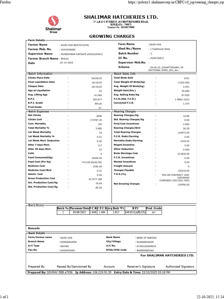 Poultry Batch Report for Sajid Kha | PDF