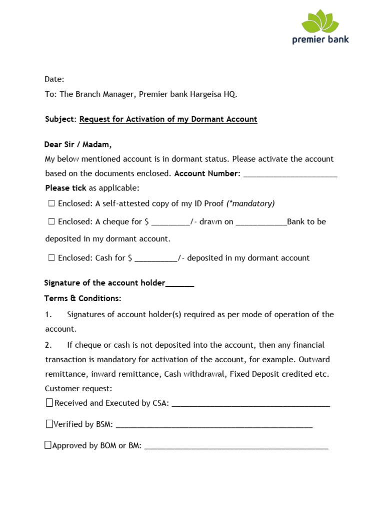 Dormant Account Activation Request Form | PDF