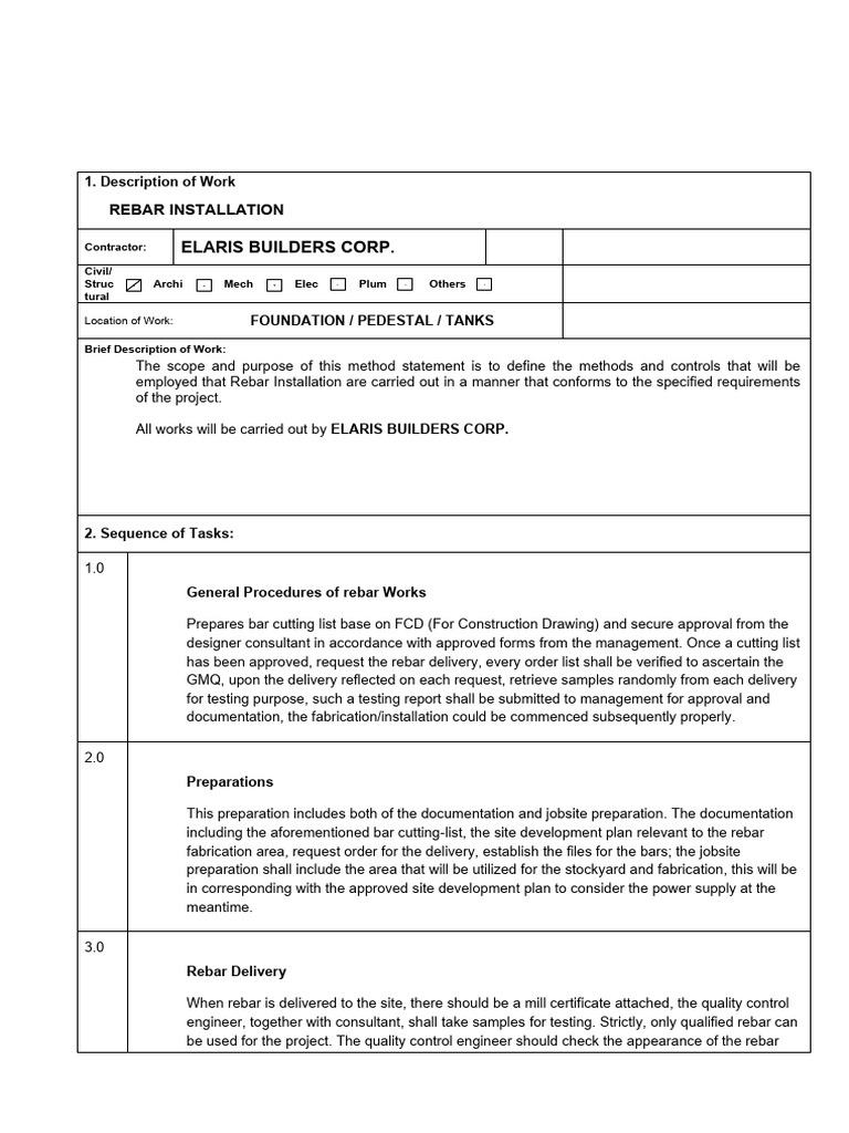 Method Statement Rebar - b169670b f158 4634 B2af B4e74ab8ea08 | PDF ...