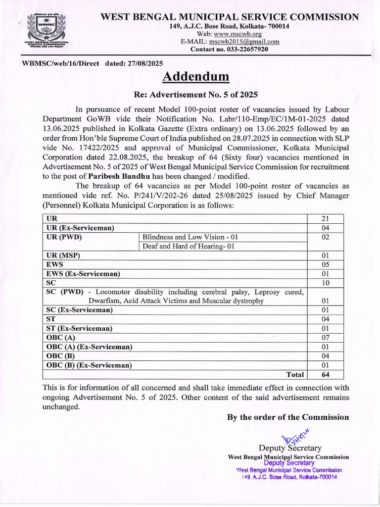 Addendum: Bengal Service Commission | PDF | Disability
