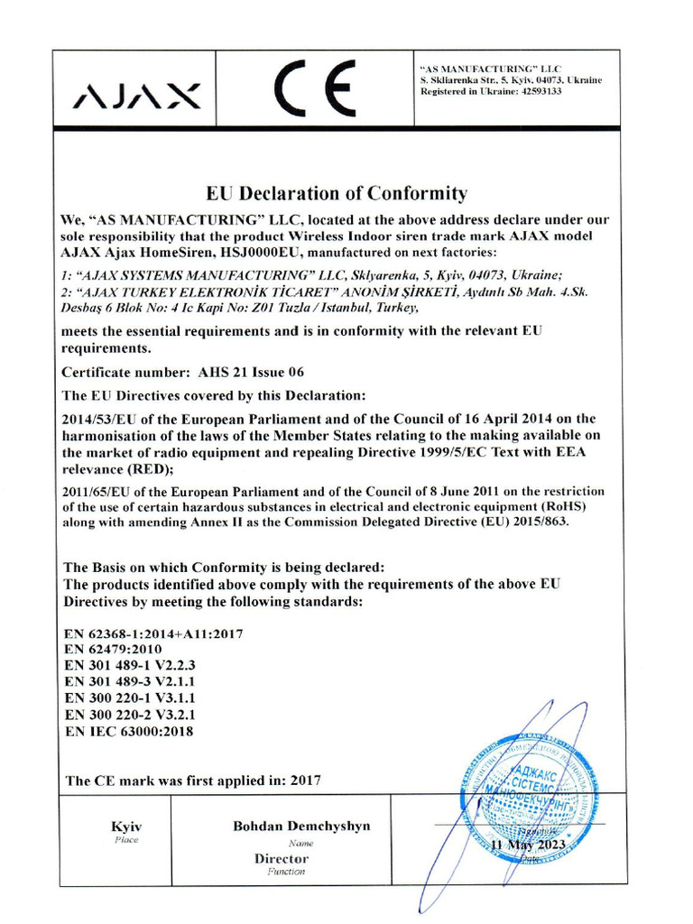 EU Declaration of Conformity Home Siren Jeweller F76827ed5b | PDF ...