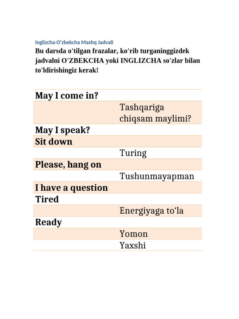 English Uzbek Exercise With Borders | PDF