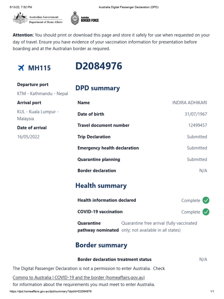 IA Australia Digital Passenger Declaration (DPD) | PDF