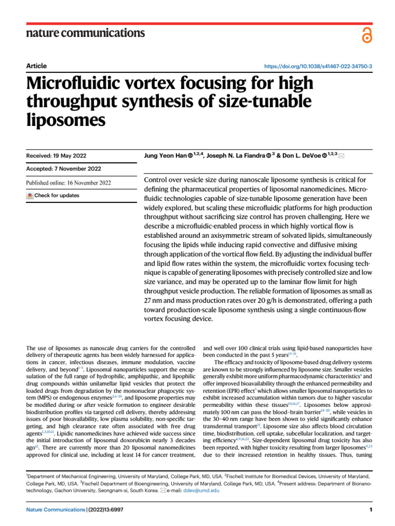 Microfluidic Vortex for Liposome Synthesis | PDF | Liposome | Nanomedicine