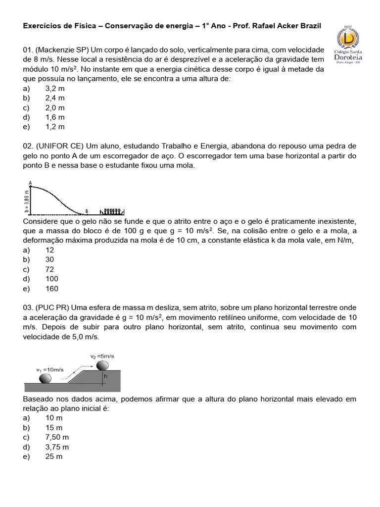Exercícios de Física: Conservação de Energia | PDF | Energia cinética ...