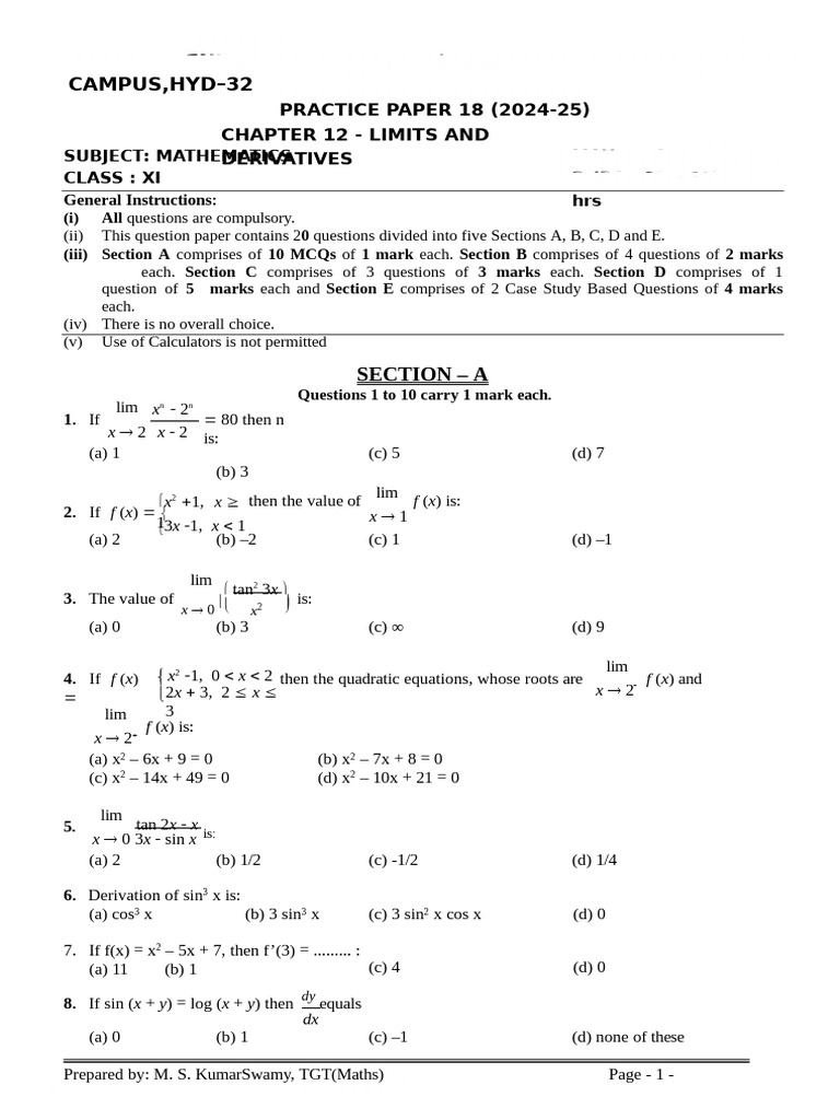 Class XI Math Practice Paper on Limits | PDF | Elementary Mathematics ...