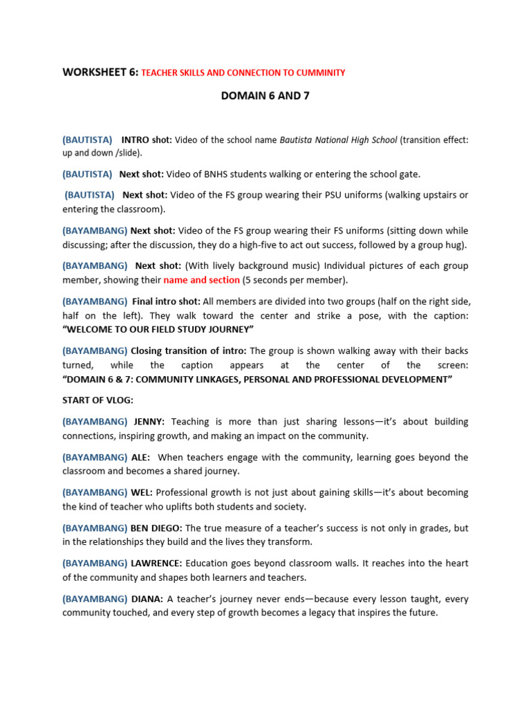 Video Vlog Script w6 d6 and 7 | PDF | Teachers | Learning