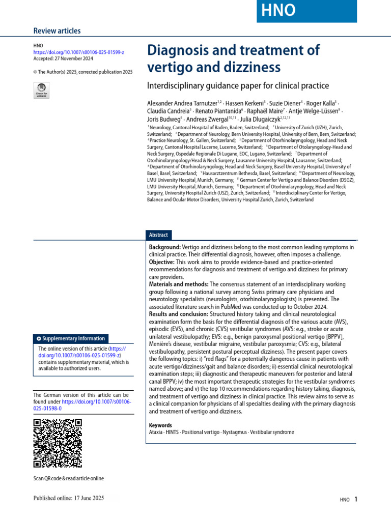Diagnosis and Treatment of Vertigo | PDF | Vertigo | Stroke