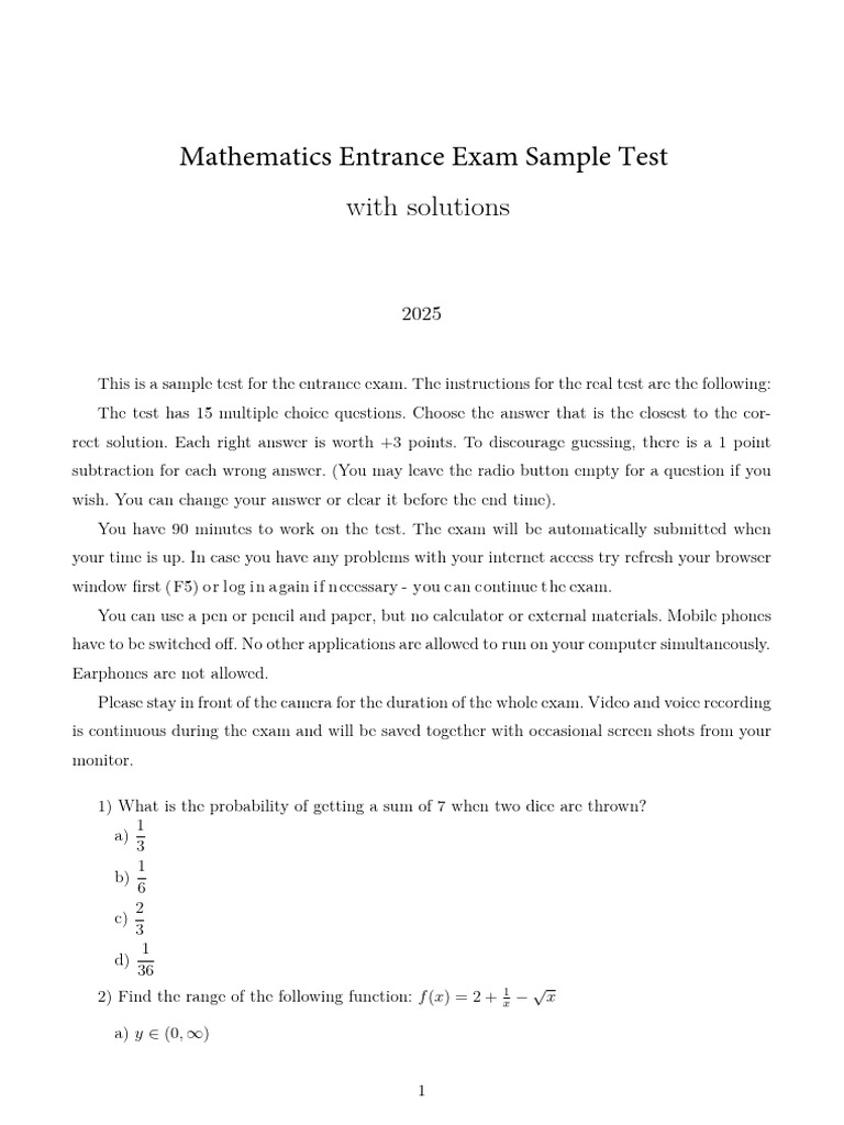 2025 Mathematics Entrance Exam Sample | PDF