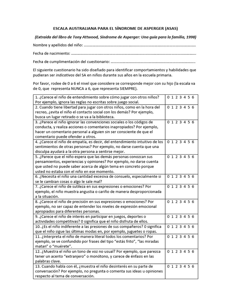 Escala ASAS para Síndrome de Asperger | PDF | Síndrome de Asperger ...