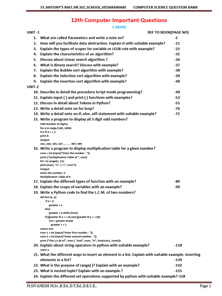 12th Grade Computer Science Question Bank | PDF | Class (Computer ...