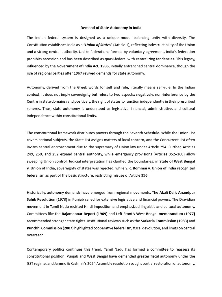 Notes On Demand of State Autonomy in India | PDF | Autonomy | Federalism