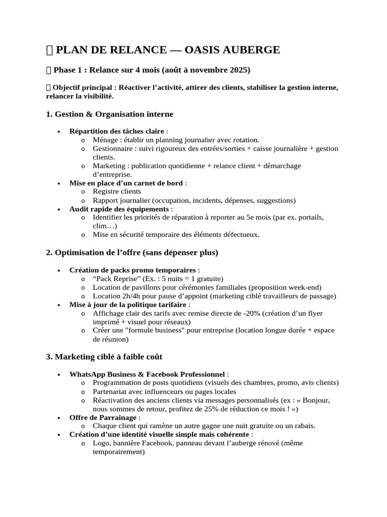 Plan de relance pour Oasis Auberge et Afree KA Shop | PDF ...