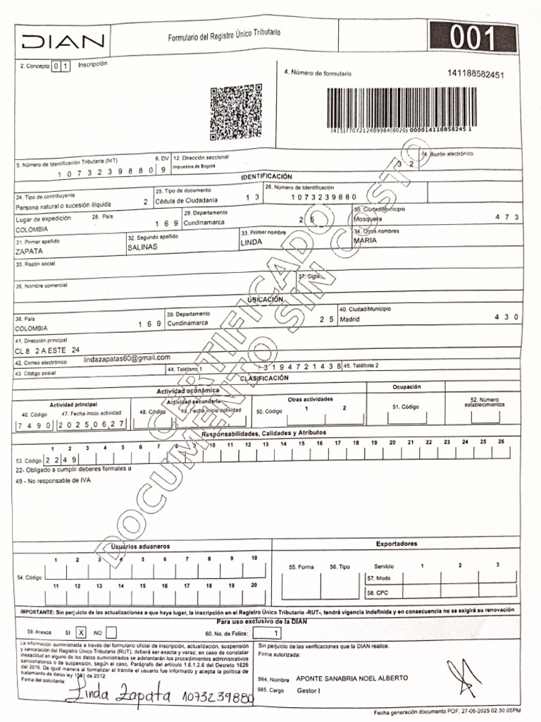 DIAN Formulario Del Registro Único Tributario 001 - 20250909 | PDF