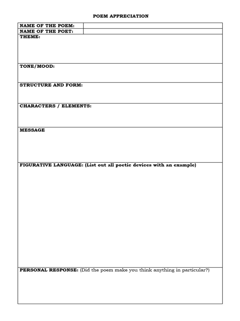 Poem Appreciation Template | PDF