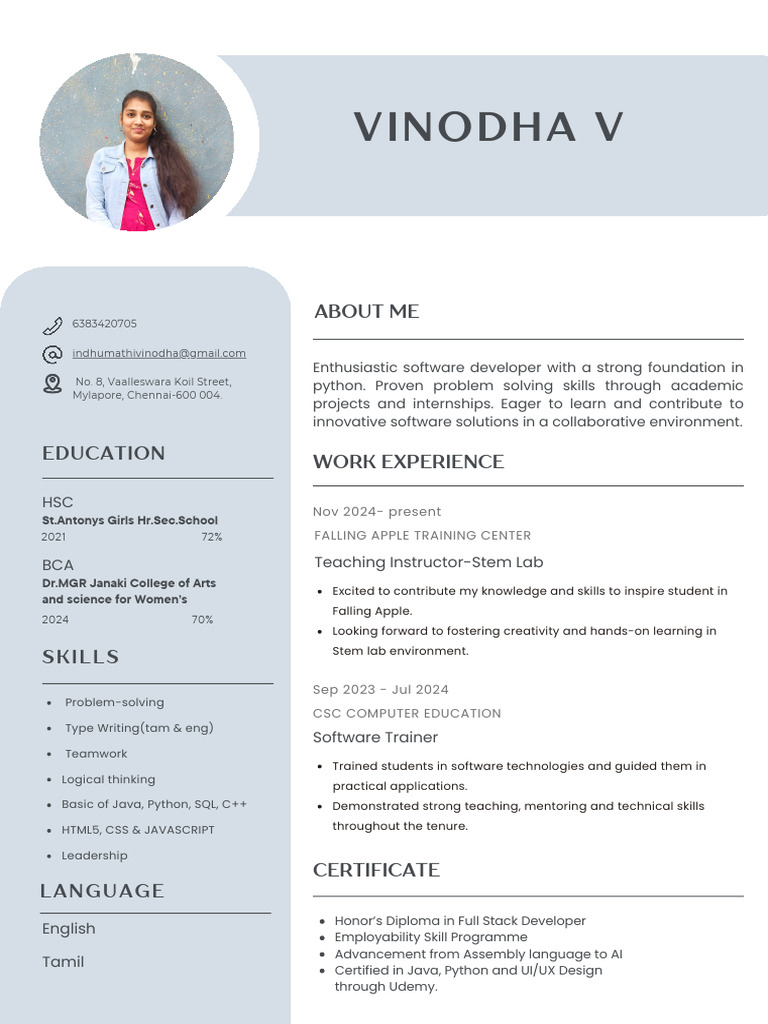 Vinodha V: Software Developer Profile | PDF
